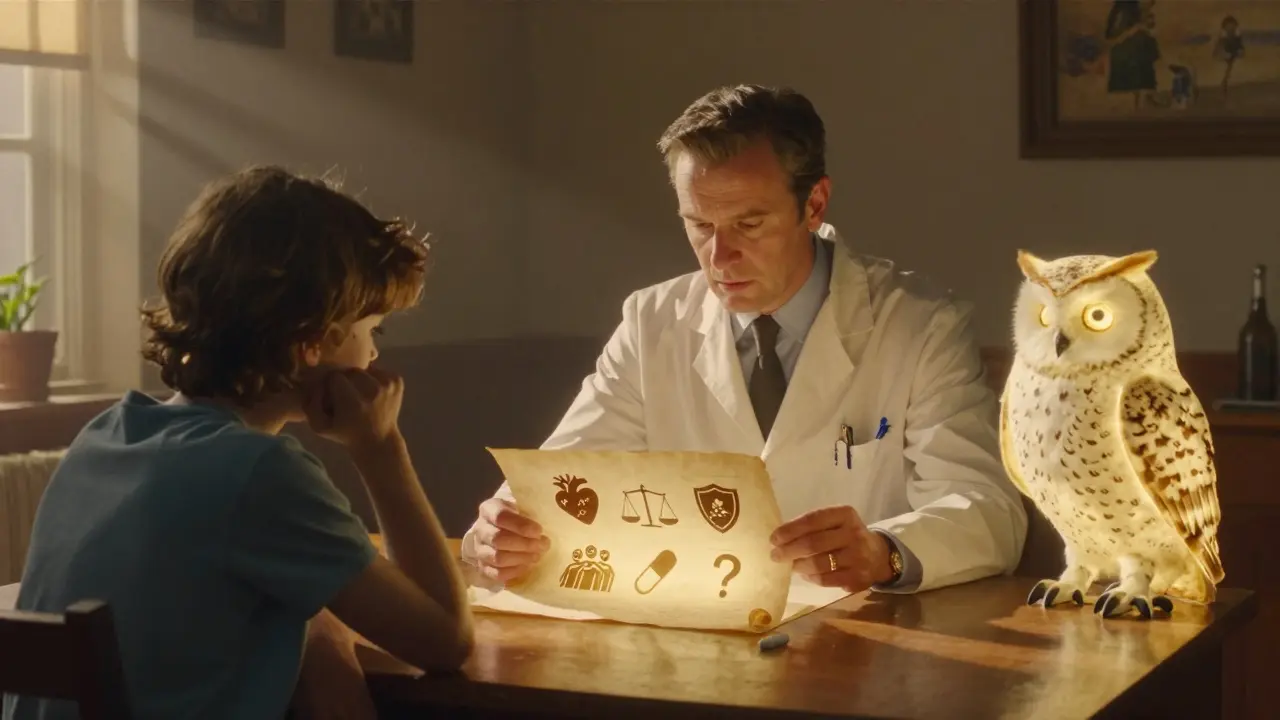 Un médico y un paciente revisan un pergamino con símbolos que representan el análisis de riesgo y beneficio, bajo una luz cálida.