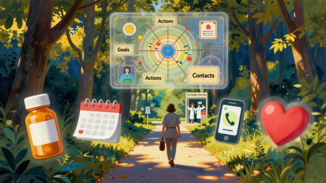 Un paciente camina por un sendero con íconos flotantes de medicación, mientras un plan mágico brilla sobre ellos en tonos dorados y azules.