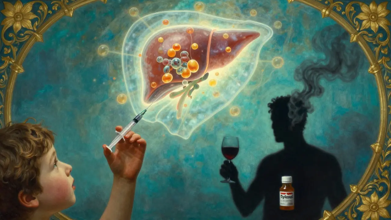 Una mano infantil administra medicamento con precisión, mientras un hígado brillante se protege de toxinas.