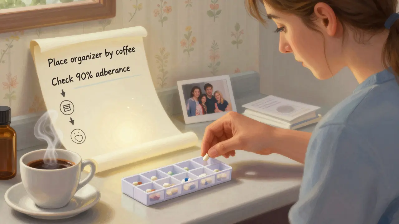 Una persona coloca una pastilla junto al café, con un plan personalizado flotando cerca, iluminado suavemente.