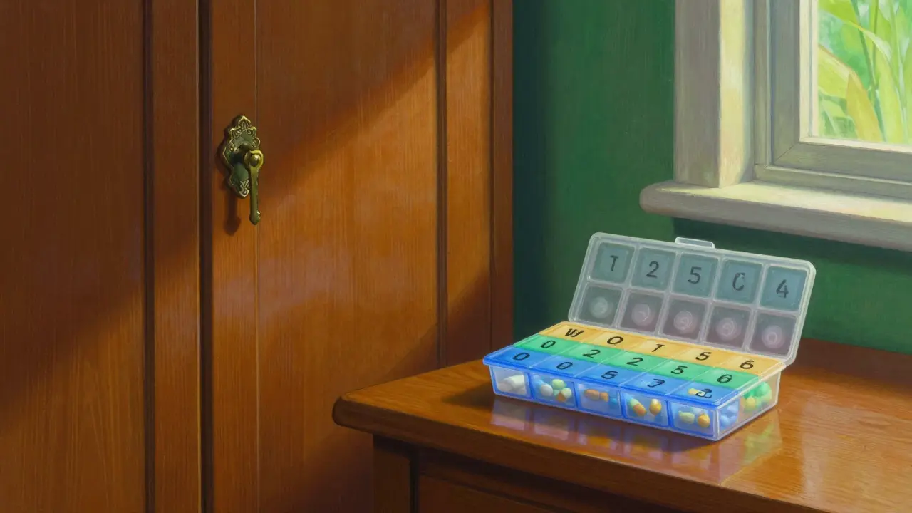 Armario con llave y organizador semanal de pastillas en una habitación serena.