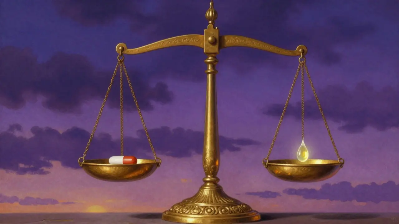 Balanza antigua equilibrando una pastilla y una gota en un cielo crepuscular