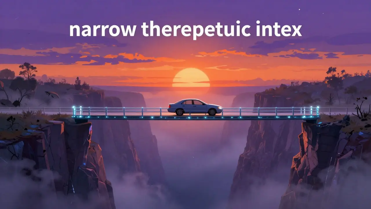 Coche circulando por un puente muy estrecho sobre un abismo bajo un cielo vibrante.