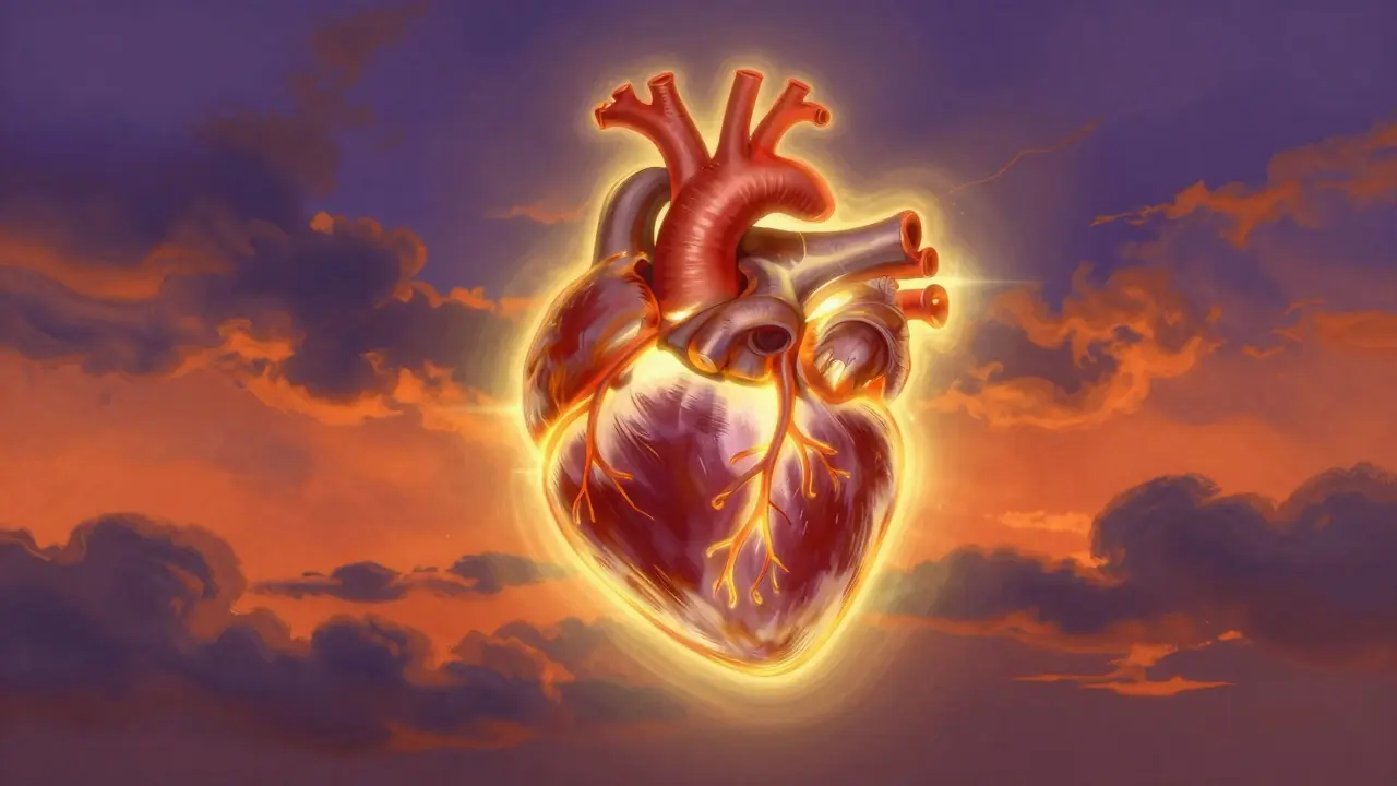Corazón radiante protegido por un aura dorada sobre un fondo de cielo crepuscular.