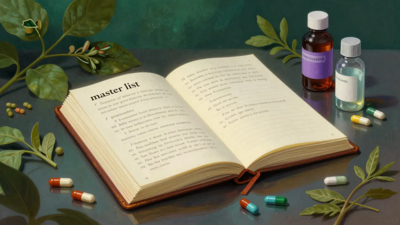 Cuaderno con lista de medicamentos y suplementos bajo una luz celestial.