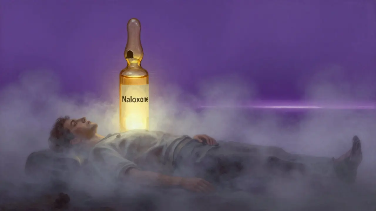 Escena simbólica que muestra el efecto parcial de la naloxona sobre una niebla tóxica.