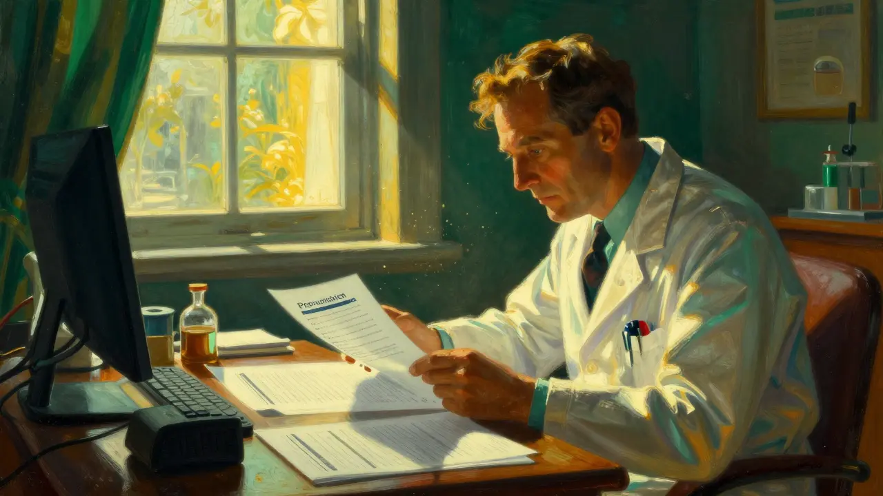 Escritorio médico iluminado con documentos y análisis clínicos aprobados.