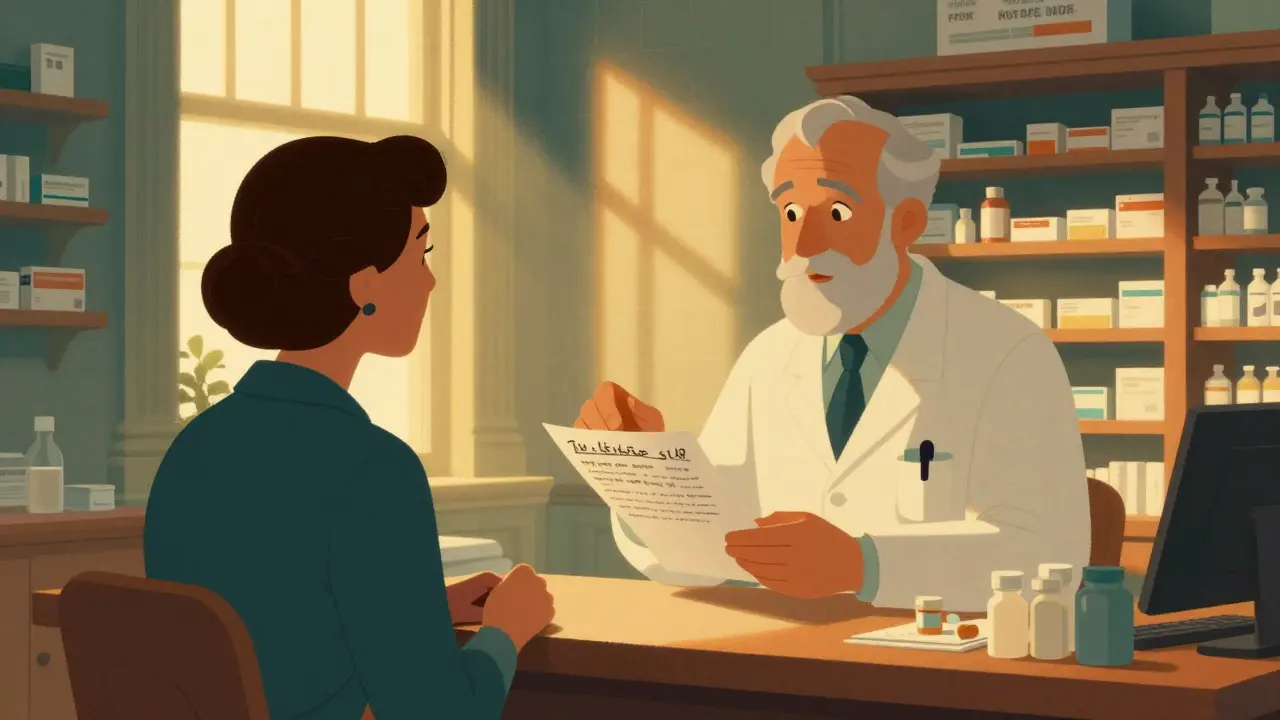 Farmacéutico asesorando a un paciente en una farmacia con luz cálida y clásica.