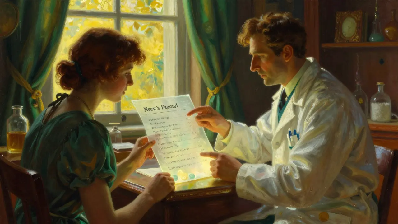 Farmacéutico y paciente revisando la lista de ingredientes de un medicamento