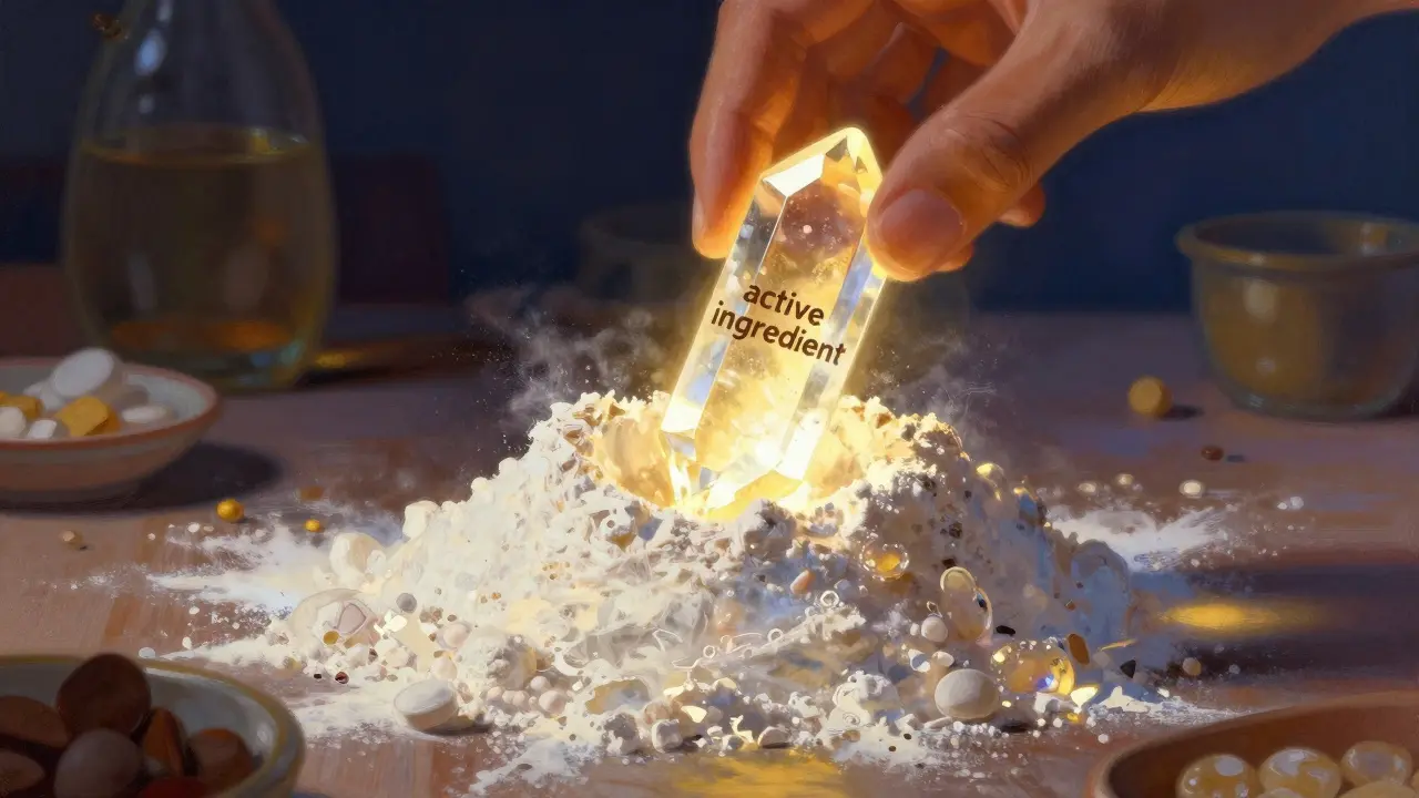 Ilustración conceptual de un ingrediente activo mezclándose con rellenos