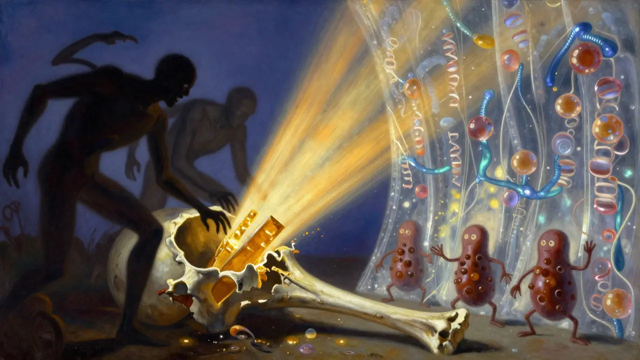 Lucha conceptual entre células que destruyen y construyen el hueso con muros brillantes.