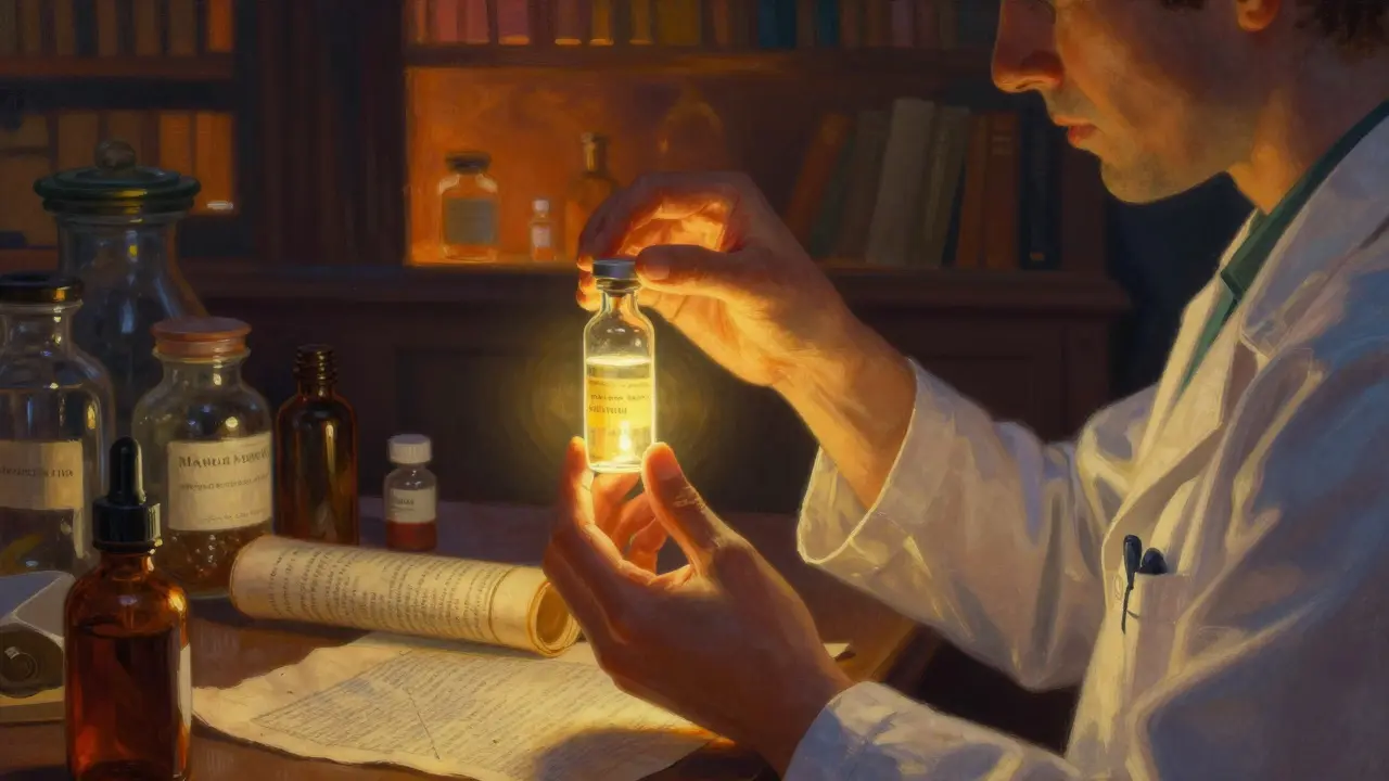 Manos de farmacéutico sosteniendo un vial iluminado en una botica antigua