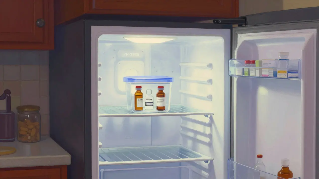 Medicamentos guardados correctamente en el centro de una nevera luminosa.