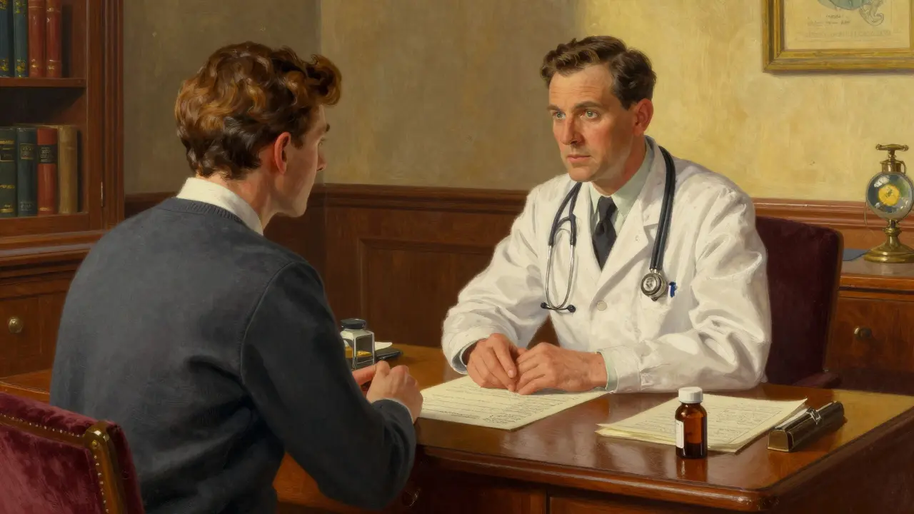 Paciente y médico conversando en un consultorio iluminado sobre el uso de suplementos.