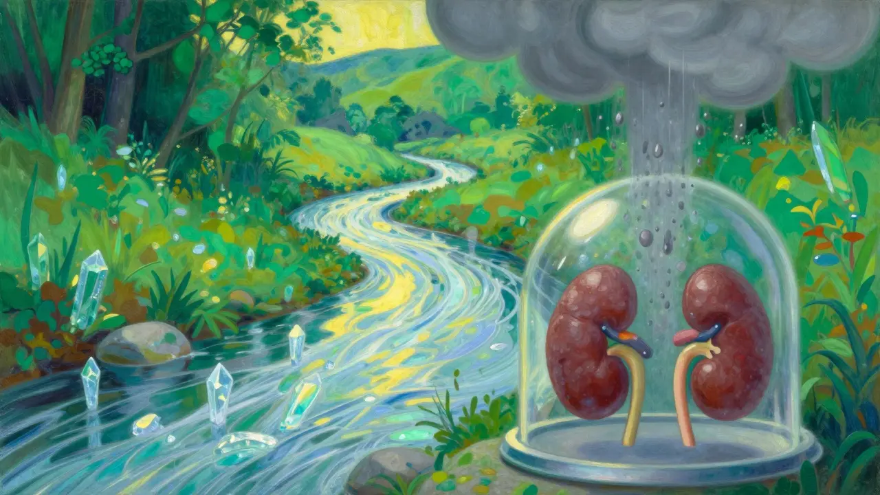 Paisaje conceptual con riñones protegidos por una cúpula luminosa y un río cristalino.