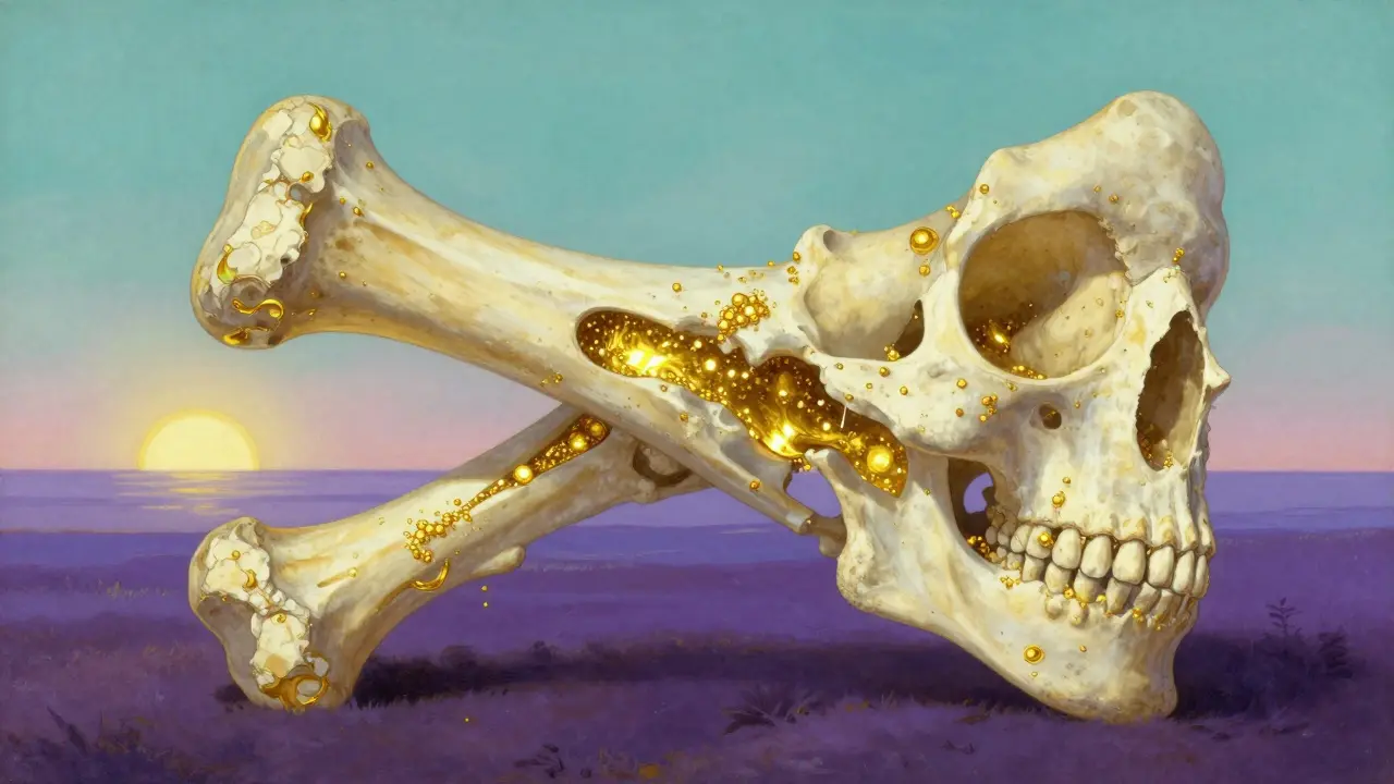 Partículas de oro regenerando la estructura de un hueso en un paisaje onírico.