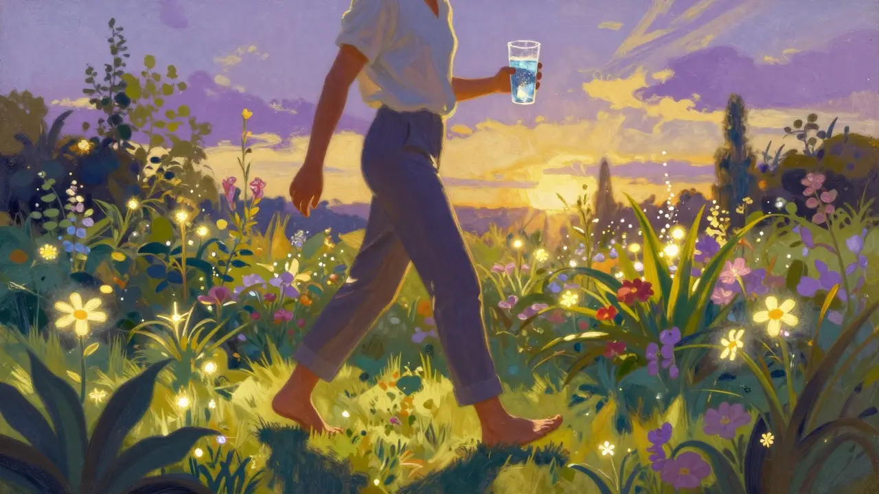 Persona caminando en un jardín luminoso bebiendo agua para mejorar su salud digestiva.