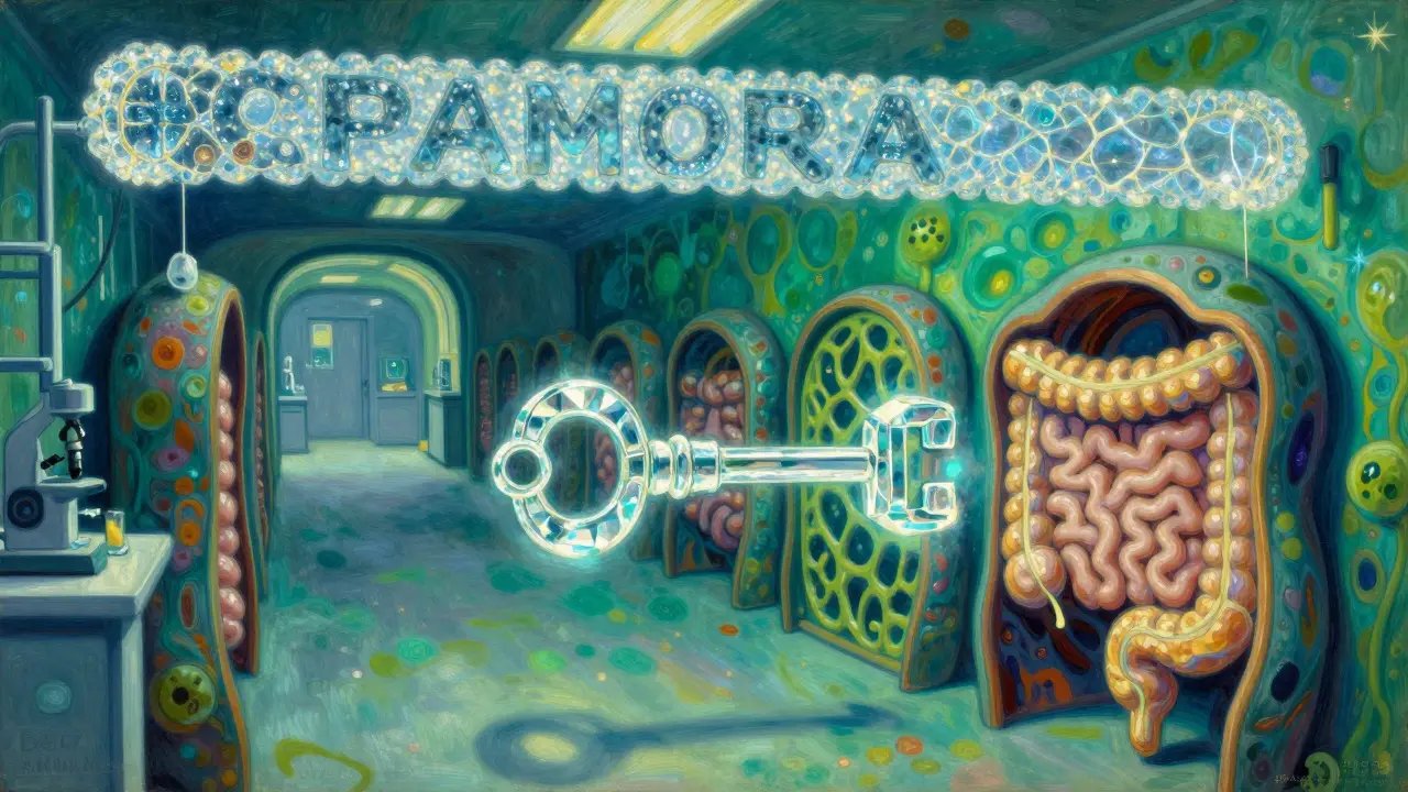 Representación artística de un fármaco PAMORA desbloqueando la digestión como una llave cristalina.