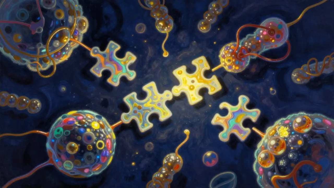 Representación conceptual de moléculas de biotina interfiriendo en un análisis sanguíneo.