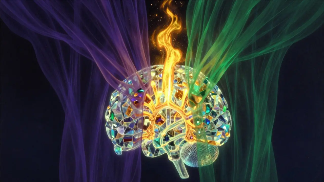 Representación surrealista de una llama dorada siendo sofocada por velos de colores intensos.