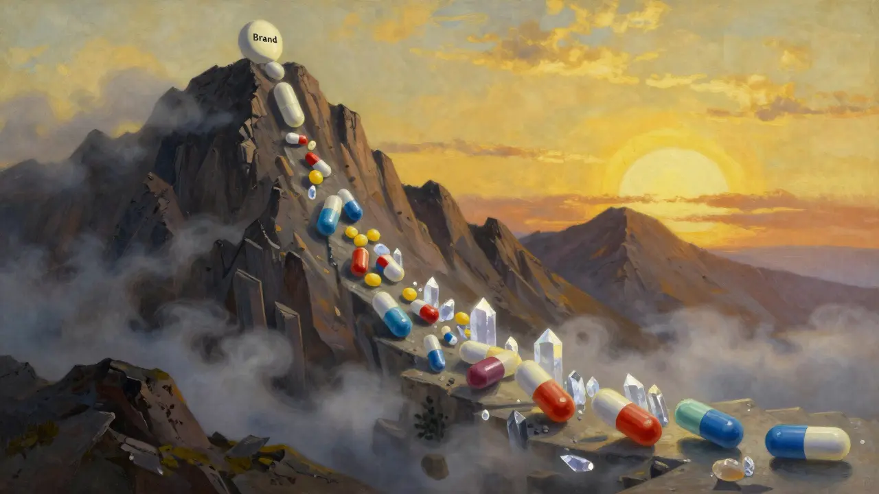 Arte conceptual de Maxfield Parrish mostrando cómo la competencia de genéricos reduce los precios en cascada