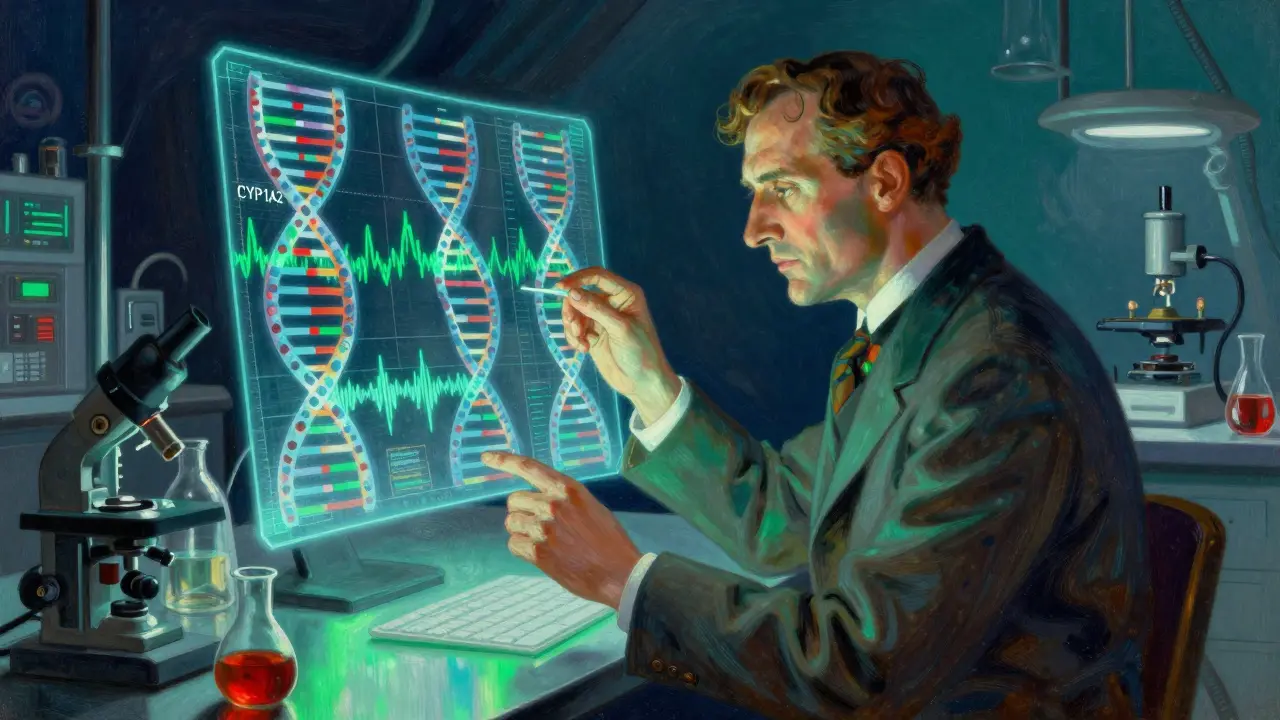 Científico analizando ADN y ondas de sueño en un laboratorio futurista colorido