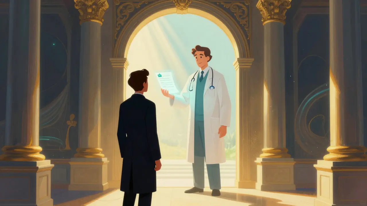 Consulta médica digital simbólica con un doctor etéreo y luz dorada dramática