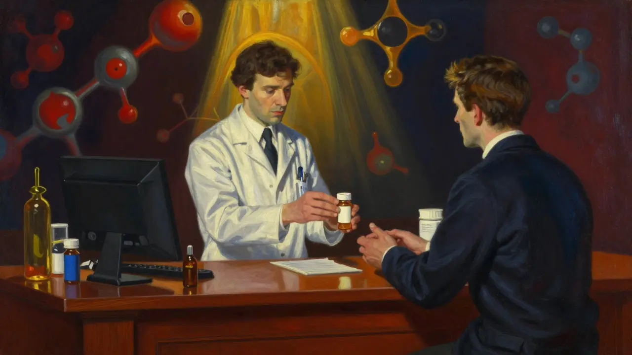 Escena de farmacia con farmacéutico y paciente en estilo ilustrativo dramático