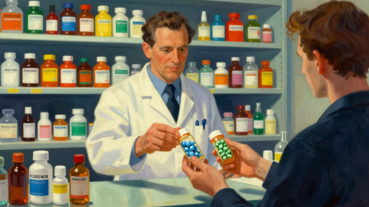 Farmacéutico mostrando dos botellas con pastillas de apariencia distinta