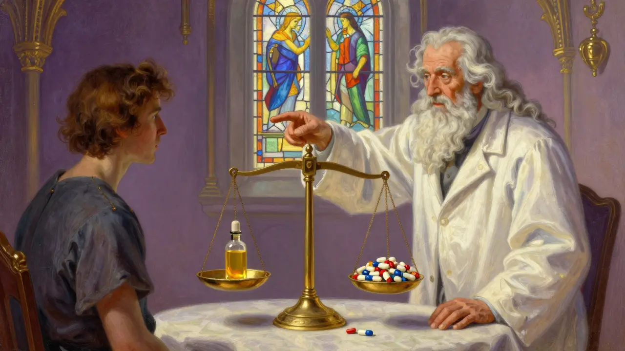 Ilustración alegórica de Maxfield Parrish mostrando un médico y una balanza equilibrada entre CBD seguro y depresores peligrosos.
