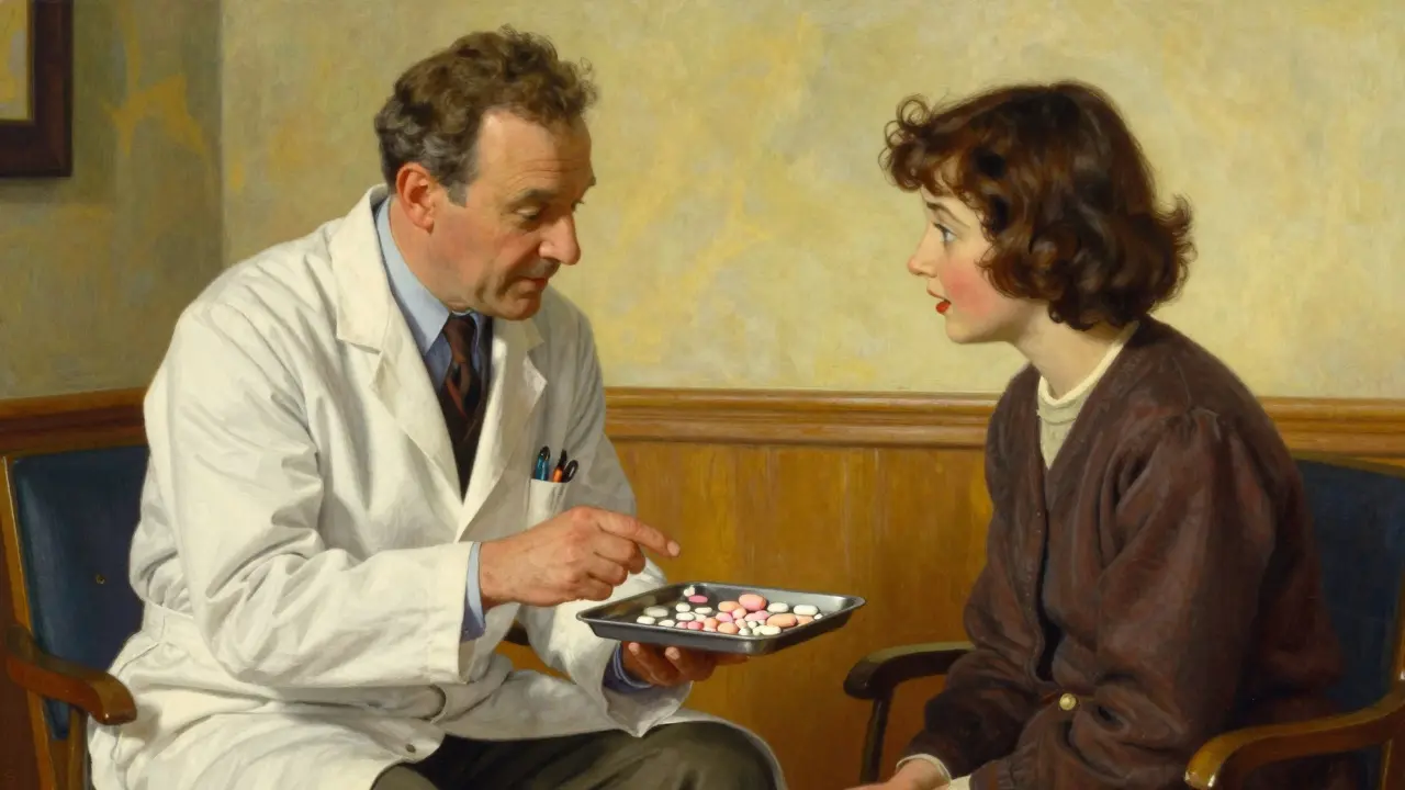 Médico explicando a un paciente la equivalencia de pastillas genéricas
