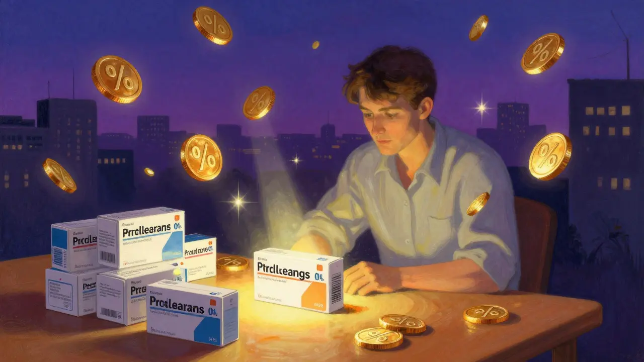 Monedas doradas flotando sobre cajas de medicación genérica