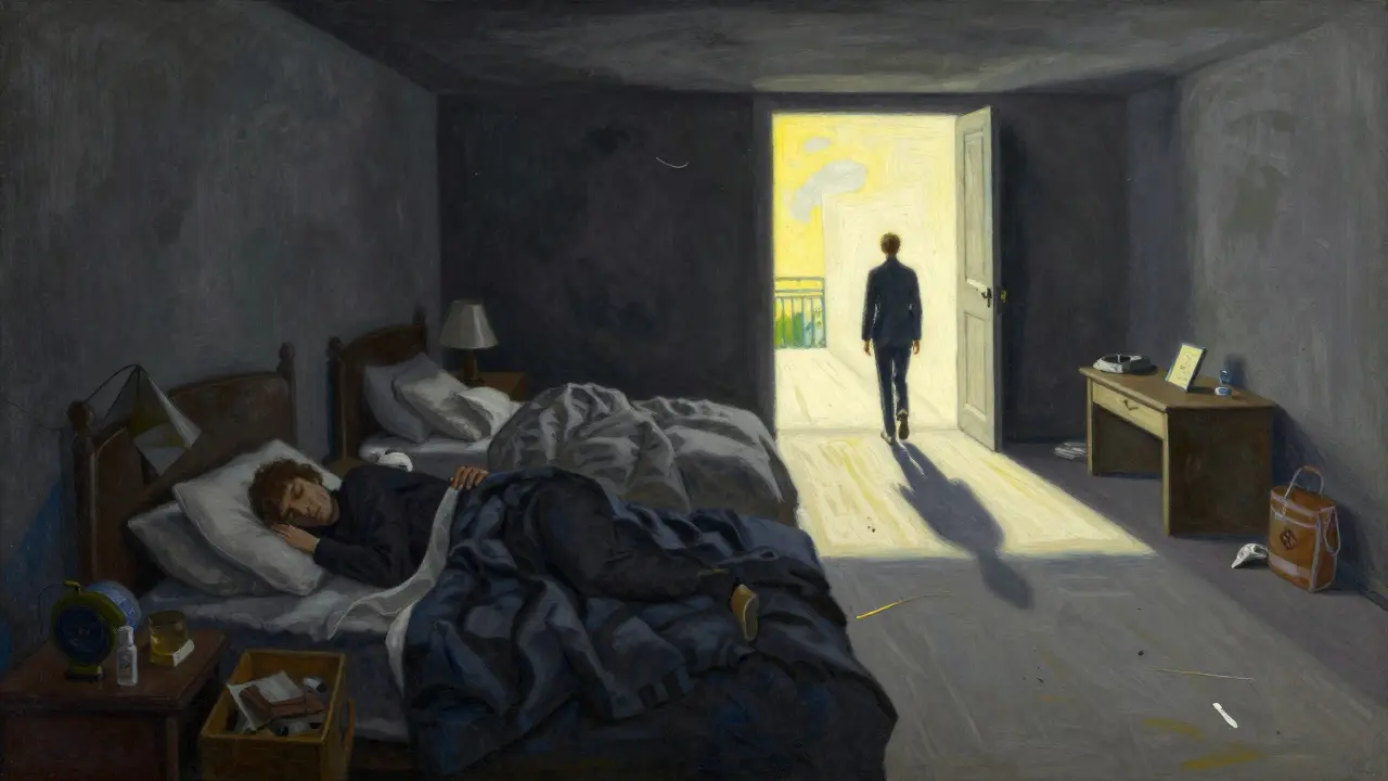 Persona caminando desde la oscuridad hacia la luz, simbolizando mejoría del sueño