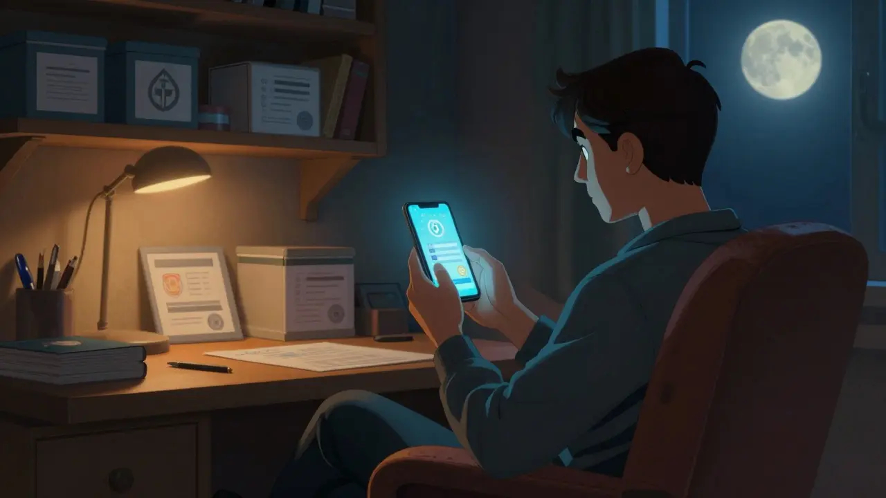 Persona usando telemedicina segura desde su hogar nocturno