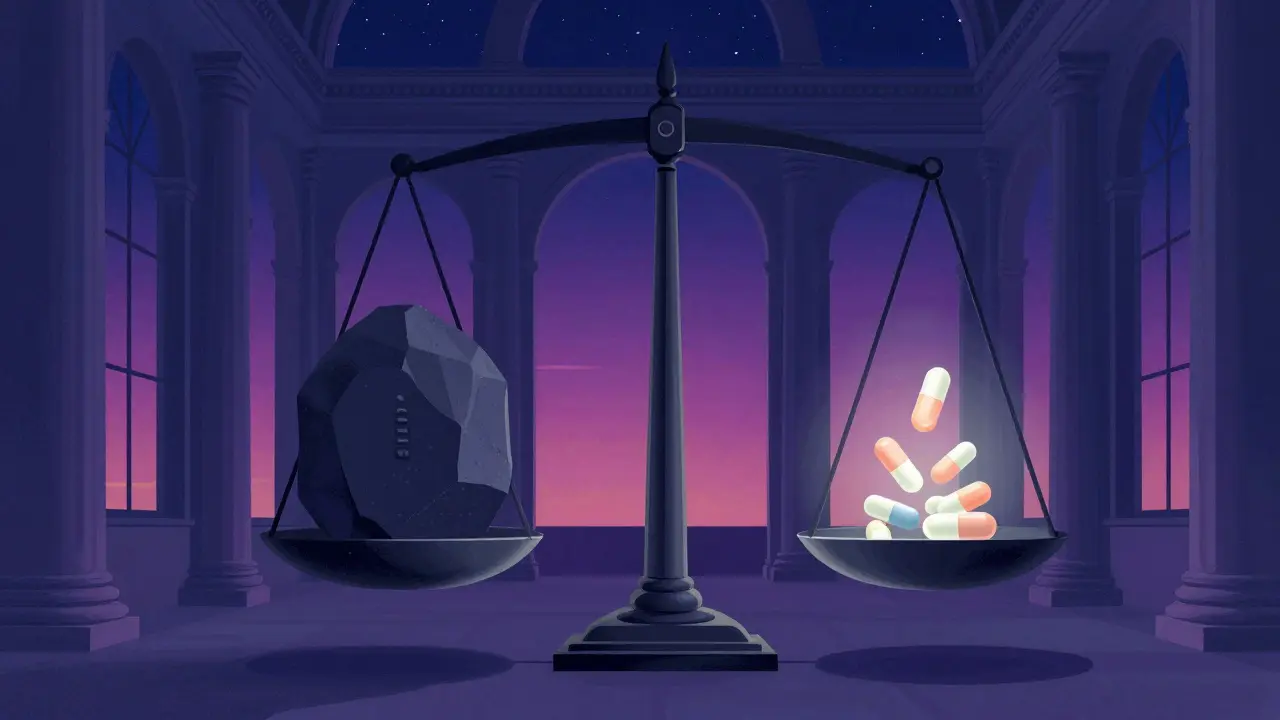 Balanza simbólica con piedras y pastillas flotantes bajo una luz dramática estilo Maxfield Parrish