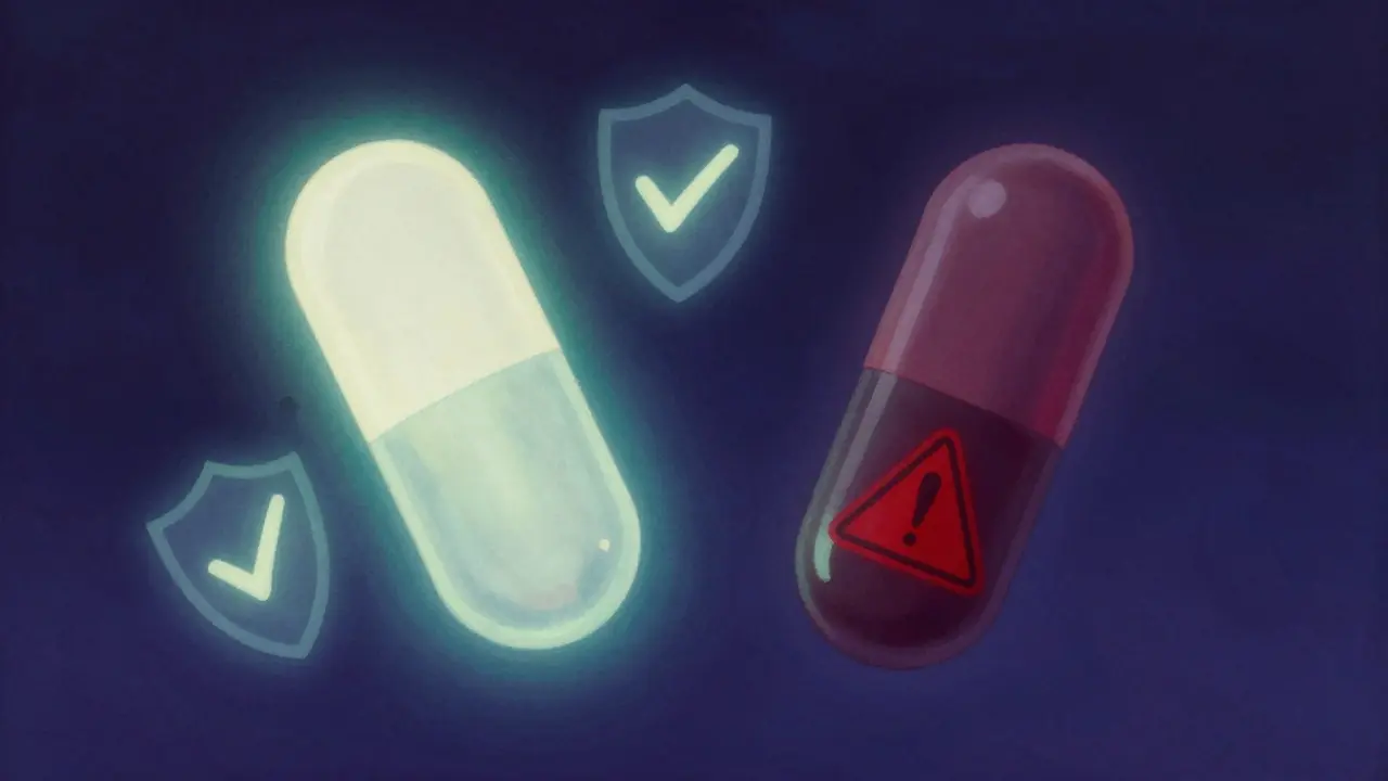 Cápsulas flotantes iluminadas representando medicamentos genéricos seguros frente a falsificaciones