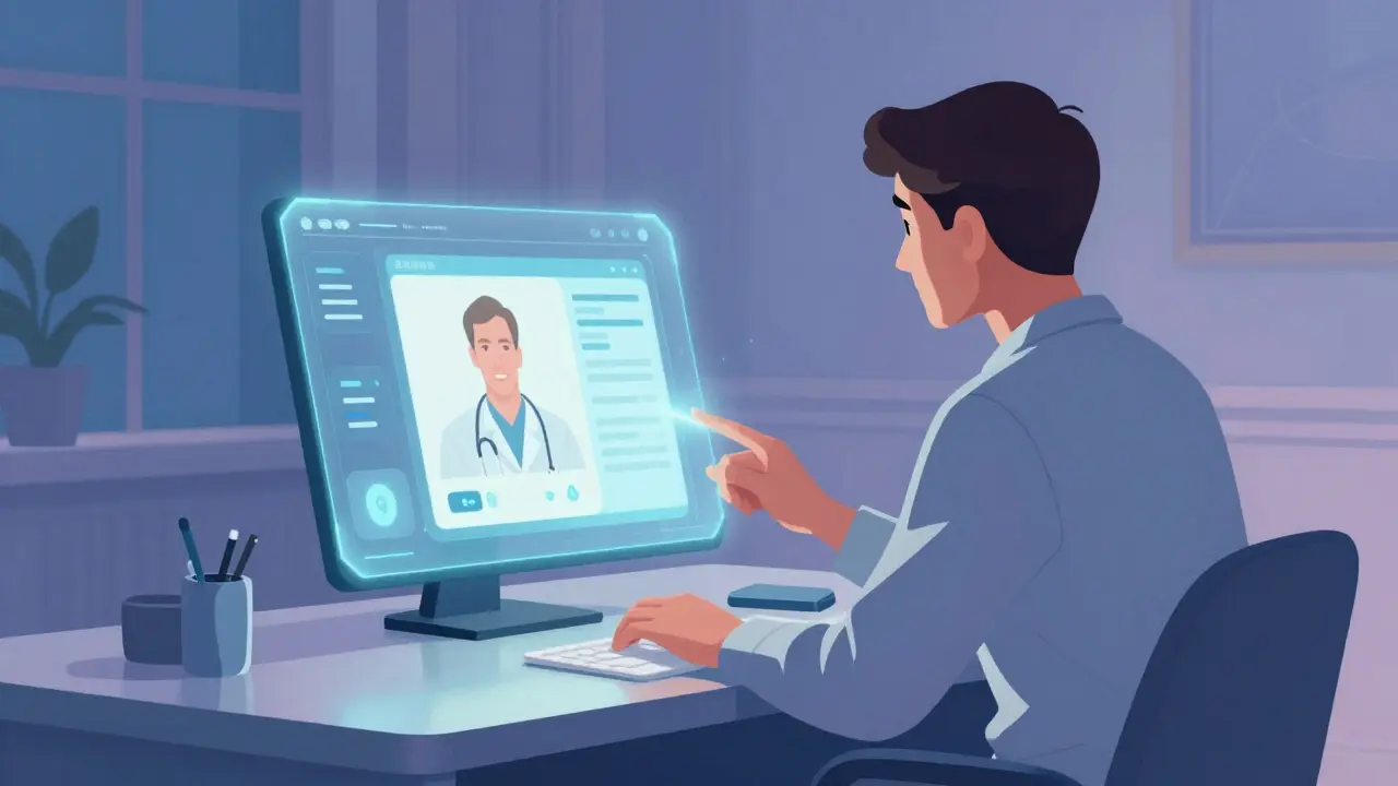 Consulta médica online serena con interfaz brillante y ambiente tranquilo