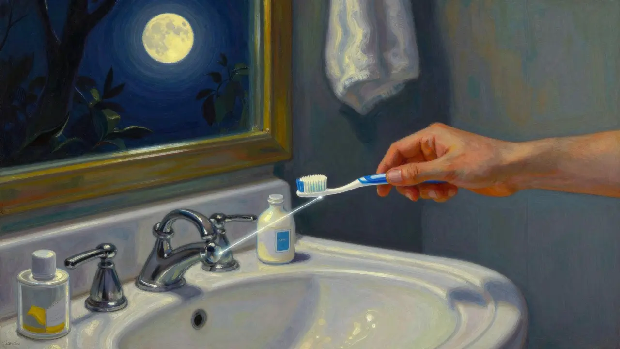 Escena nocturna en baño: cepillo de dientes y medicina unidos por hilos de luz