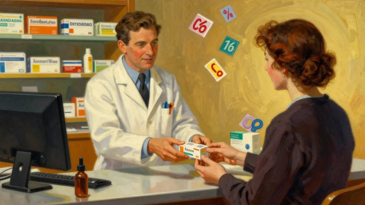 Farmacéutico entregando medicamentos a un cliente aliviado con luz cálida