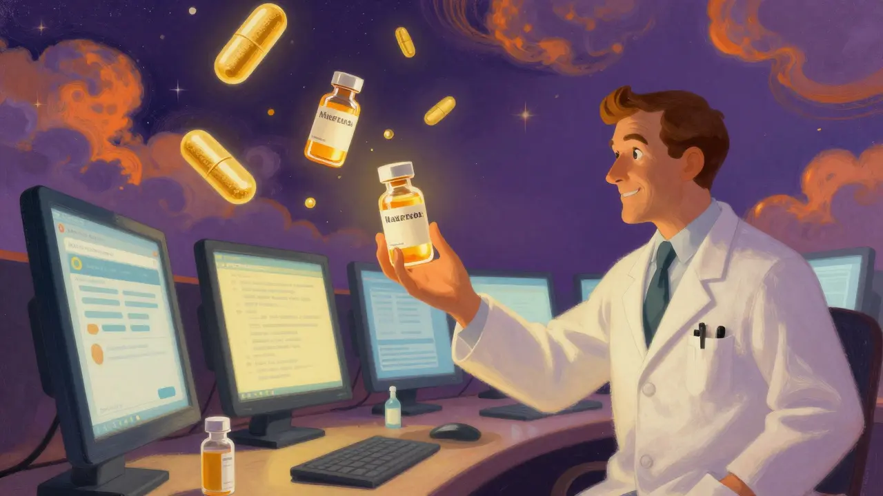 Farmacéutico mágico ofreciendo medicación segura bajo cielo estrellado