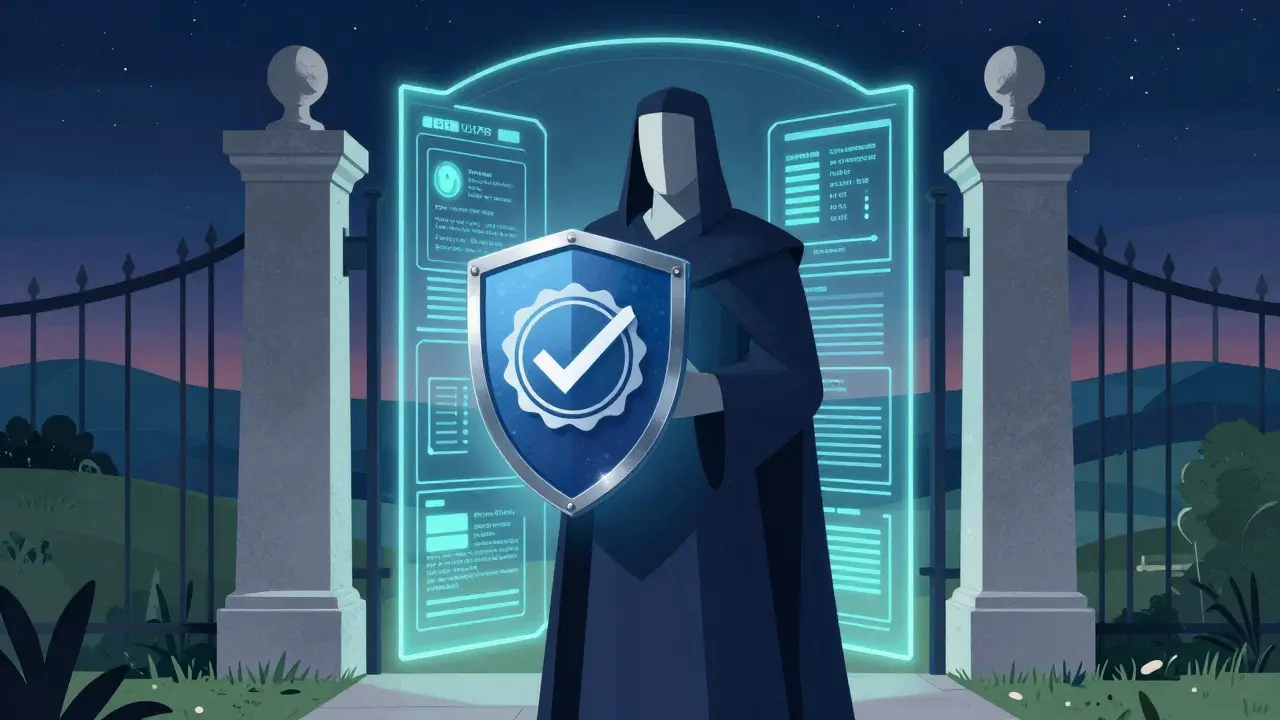 Figura protectora verificando la seguridad de farmacias online certificadas