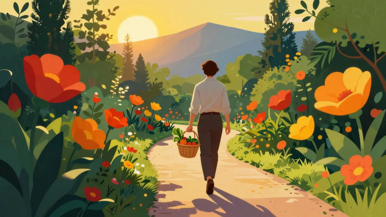 Persona caminando por un sendero soleado hacia un amanecer brillante, simbolizando gestión activa