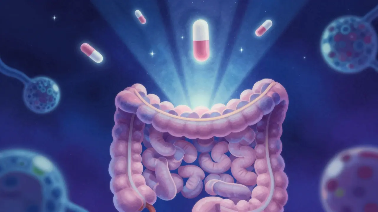 Suplementos de lactasa y probióticos flotando en luz etérea