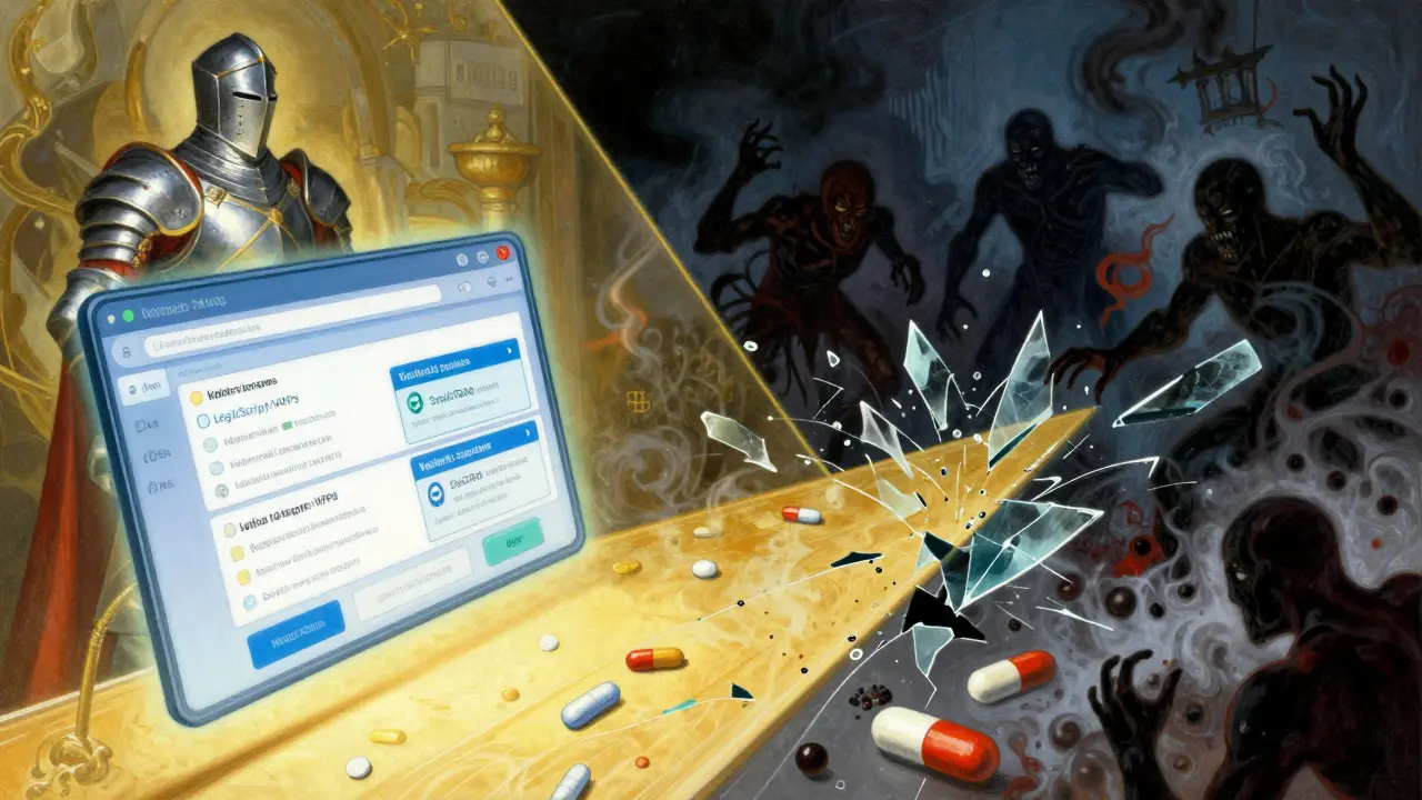 Arte estilo Maxfield Parrish: caballero protege la compra segura de medicamentos contra sombras y peligros ilegales en internet.