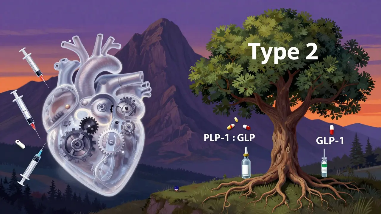 Arte simbólico al estilo de Parrish comparando el manejo de la diabetes tipo 1 y tipo 2 con montañas de fondo