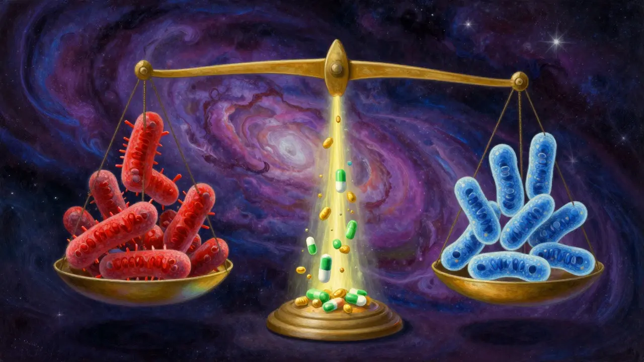 Balanza conceptual con bacterias rojas y azules equilibradas por luz dorada