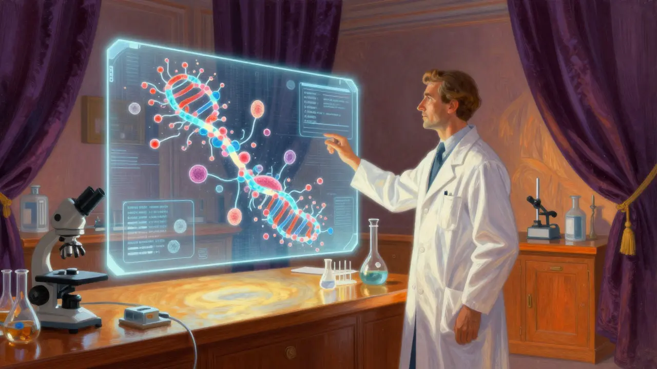 Científico observando mapa genético holográfico en laboratorio futurista