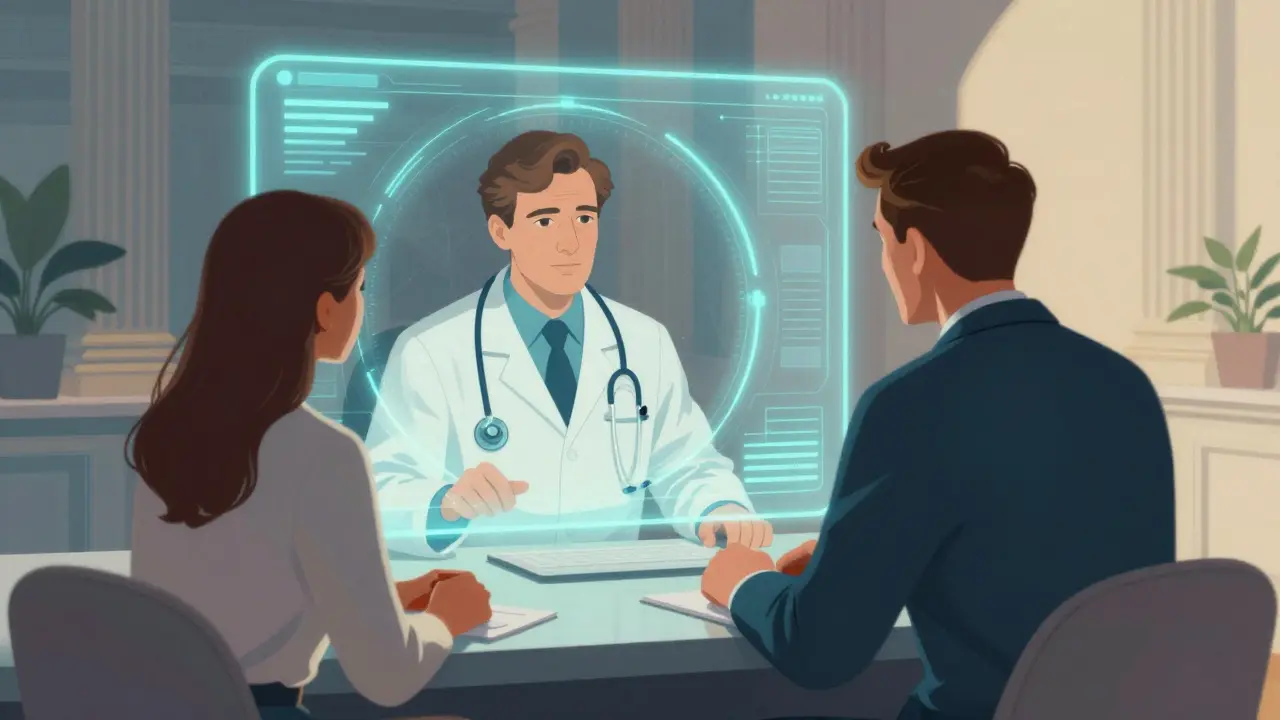 Consulta médica virtual segura con interfaz digital etérea y colores vibrantes