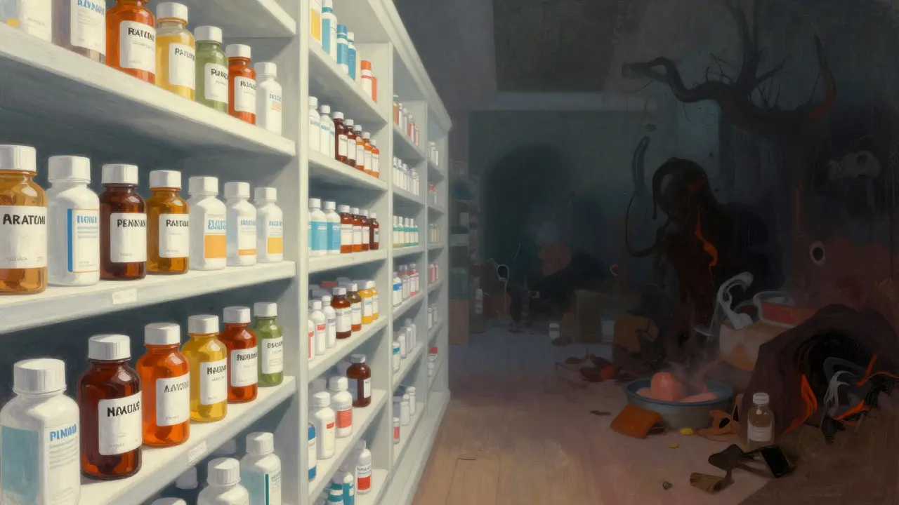 Contraste entre farmacia segura iluminada y zona oscura de riesgos ilegales