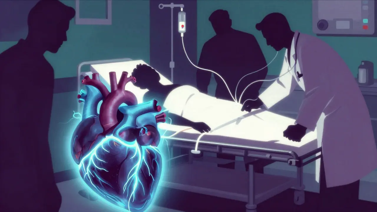 Corazón eléctrico azul y médicos atendiendo a un paciente en escena dramática